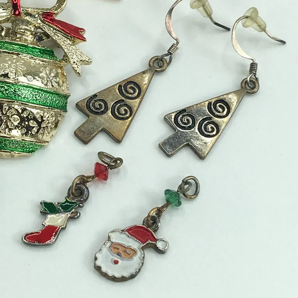 Christmas Holiday Pins Earrings Trees Santa Snowman